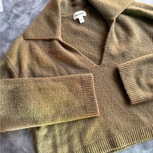 Open Edit Women's V-Neck Sweater in Olive